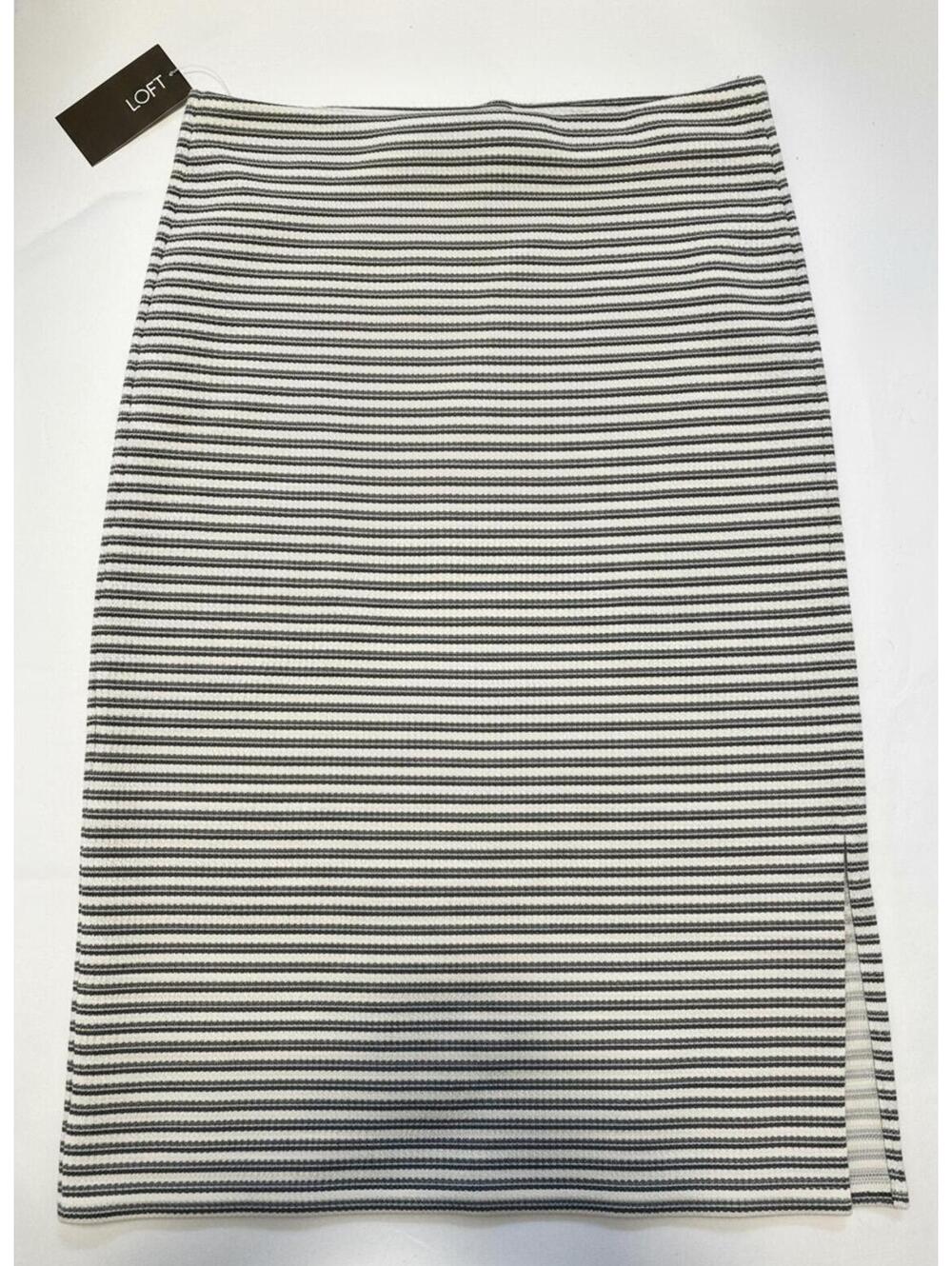 LOFT Striped Knit Midi Skirt Black White Ribbed Pencil Side Slit Size XL NWT